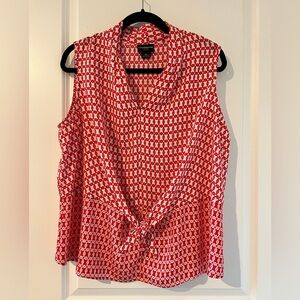 Liz Claiborne Red and White Patterned Sleeveless Blouse, Front Tie